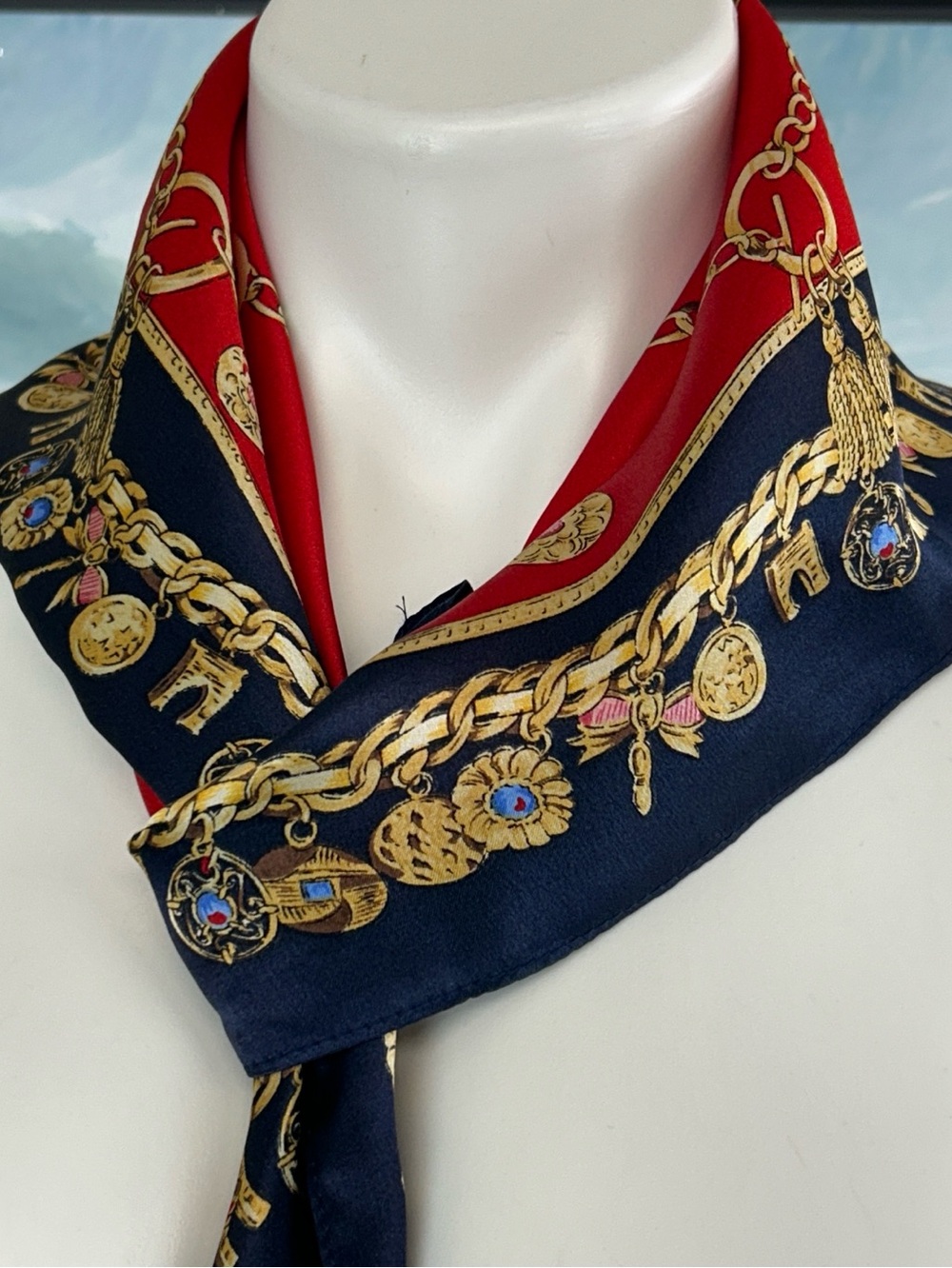 100% Silk Square Scarf Chainlink, bows
Red/blue/gold - Picture 2 of 6